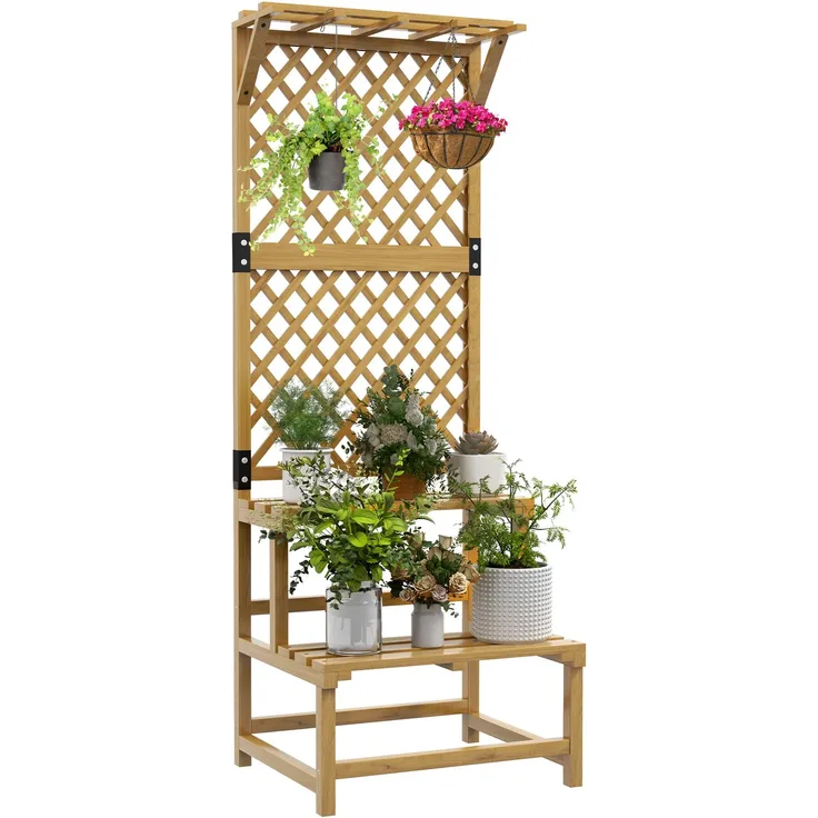 Outsunny Pflanzenständer, Tannenholz, Gelb, 60L x 50B x 166H cm