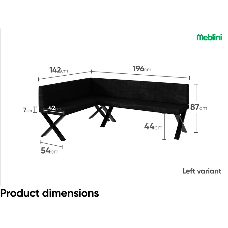 MEBLINI Eckbank für Esszimmer - Küchenbank - Essecke - Sitzecke Küche - PETER - X-Beine 142x196x87cm Links - Graphit Samt – Bild 7