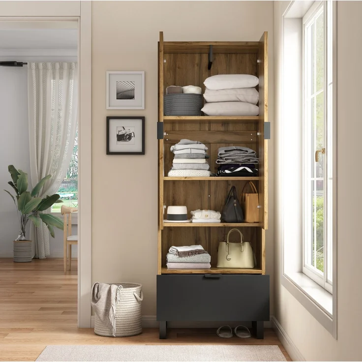 DESVIAE Garderobenschrank mit Kleiderstange und Schublade, 65x180x38 cm, Spanplatte, Natur/Schwarz – Bild 5