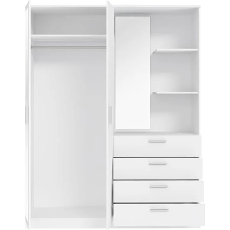 FORTE DEWANIA Kleiderschrank 160, Schrank mit offenen Regalfächern und Spiegel, Holzwerkstoff, Weiß, 159,3 cm breit, 203,4 cm hoch, 52,7 cm tief – Bild 7