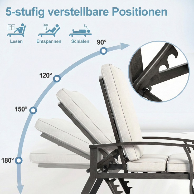 LVHOM Luxus Sonnenliegen 1 St, Verstellbare Aluminium-Liege mit Kissen, Gartenliege Rostfrei/wasserfest, 60 x 183 x 39 cm – Bild 4