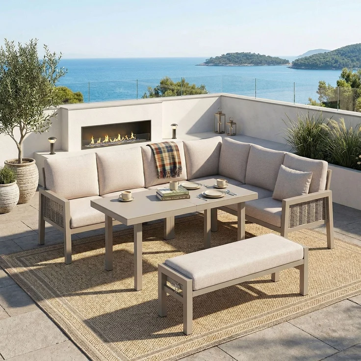 Merax Gartenlounge-Set, Gartenmöbel-Set 7 Sitzer, Gartensofa Eckstellung, mit Esstische, Bänke und Sofas, Khaki – Bild 2