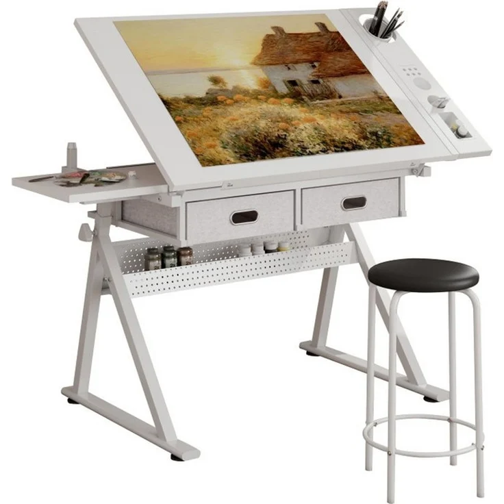 BBWL Zeichentisch mit 2 Schubladen MDF Holz Schreibtisch inkl Hocker, Zeichentisch höhenverstellbar für Home Office Schule – Bild 2