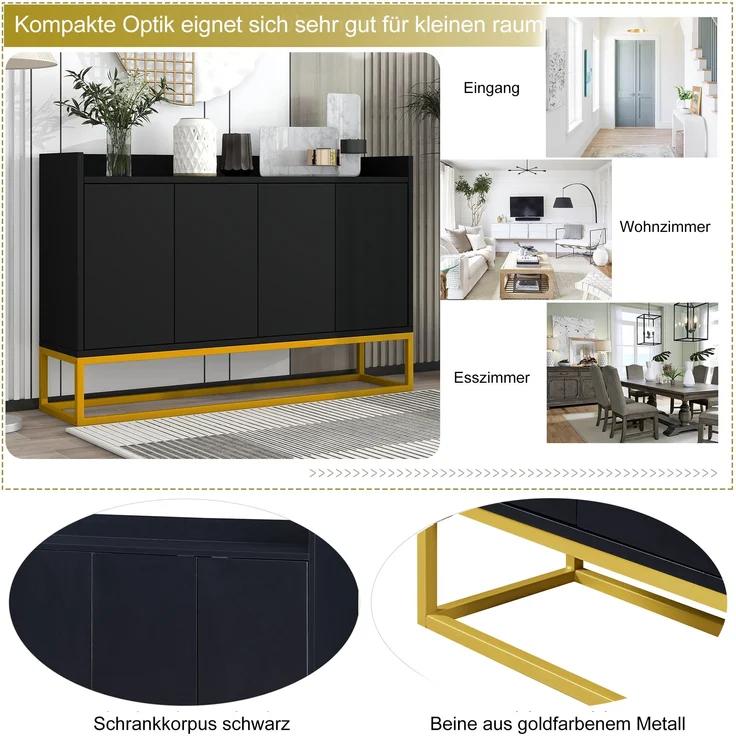 Sideboard, 120x30x80 cm, schwarzes Sideboard im minimalistischen Stil, 4-türig, grifflos – Bild 6