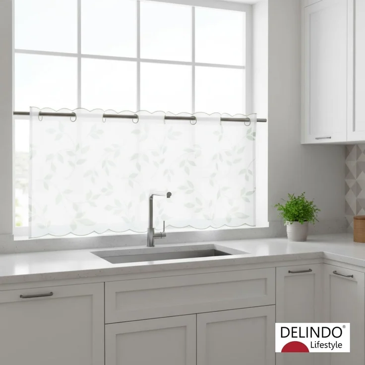 Delindo Lifestyle Scheibengardine Blätter (1 St), Stangendurchzug, transparent, Voile, mit Stangendurchzug für die Küche – Bild 2