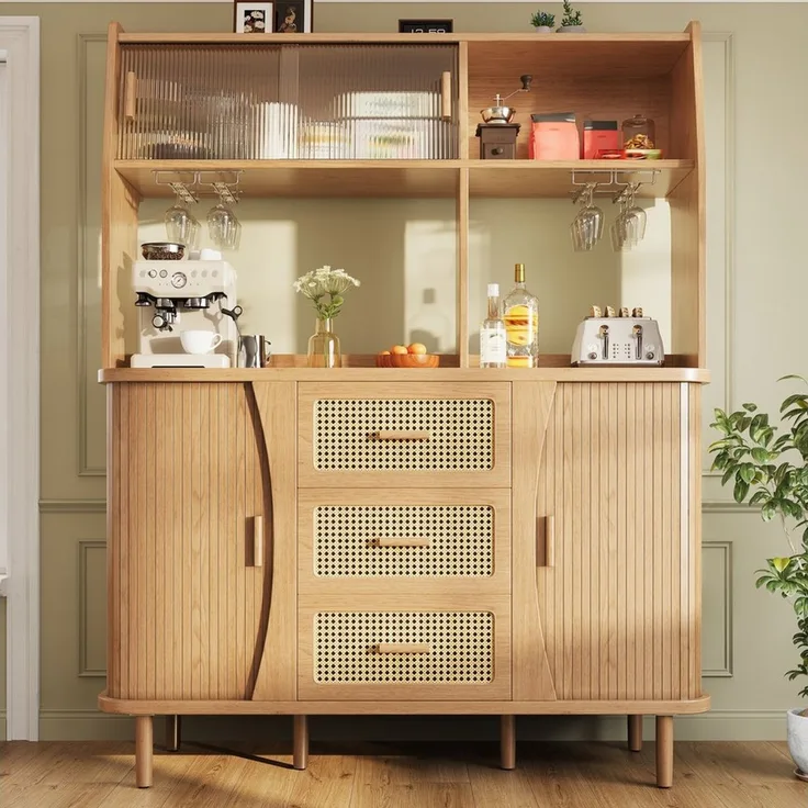 Celya Küchenbuffet Buffetschrank Rattanoptik mit Stauraum (mit 3 Schubladen und Glasschiebetüren, belastbar bis 60kg) Integrierte Glashalter, verstellbare Füße und abgerundete Kanten