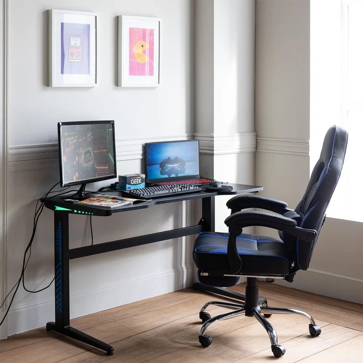 Happy Garden Gamer Sessel schwarz und blau LINK, Gaming Stuhl, ergonomischer Bürostuhl, Lendenwirbelstütze, Kopfstütze, drehbar, höhenverstellbar, neigbare Rückenlehne, teleskopische Fußstütze – Bild 6