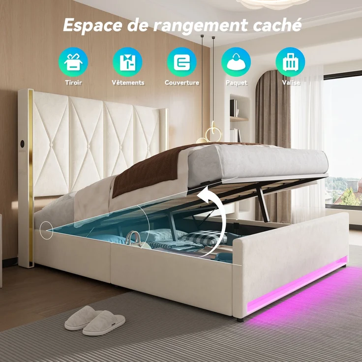 TavilaEcon Boxspringbett Veloursbett mit hohem Kopfteil, Seitentaschen & USB beige Liegefläche 160 × 200 cm – Bild 6