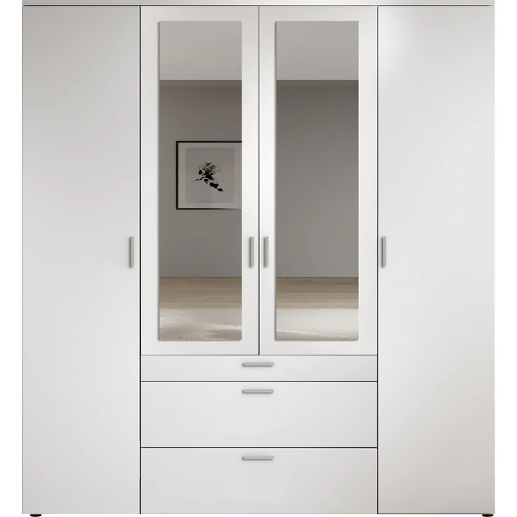 Drehtürenschrank >Vesala< 4 Türen, 3 Schübe, Weiß / Spiegel - 180x195x56cm (BxHxT) – Bild 8