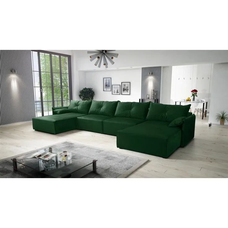 Wohnlandschaft U-Form mit Schlaffunktion HUNTER in Stoff Royal Grün
