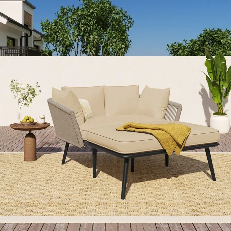 Merax Loungebett, Modularer Terrassenmöbel Balkonmöbel-Set mit 2 Sofas, 4 Kissen, 1 Couchtisch, mit Stahlrahmen und Kissen,Gartenliege,Gartenlounge,Gartenmöbel