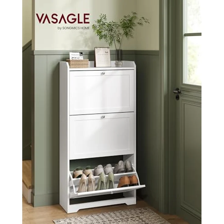 VASAGLE Schuhschrank 3 Klappen, Schuhkipper, Schuhregal, Schuhaufbewahrung, Oberplatte, Trennwand verstellbar, für bis zu 12-20 Paar Schuhe, Flur, 24 x 60 x 121,2 cm, wolkenweiß LBC036WB01 – Bild 3