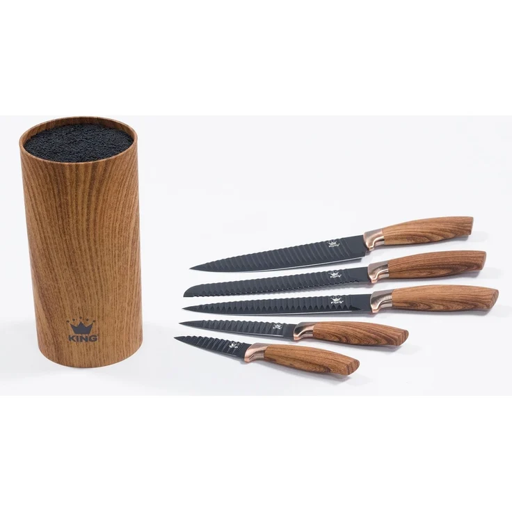 KING Messerblock Essential (6tlg), Messer mit Wellenschliff, Griffe in Holzoptik, (5 Messer+ Messerblock) – Bild 2