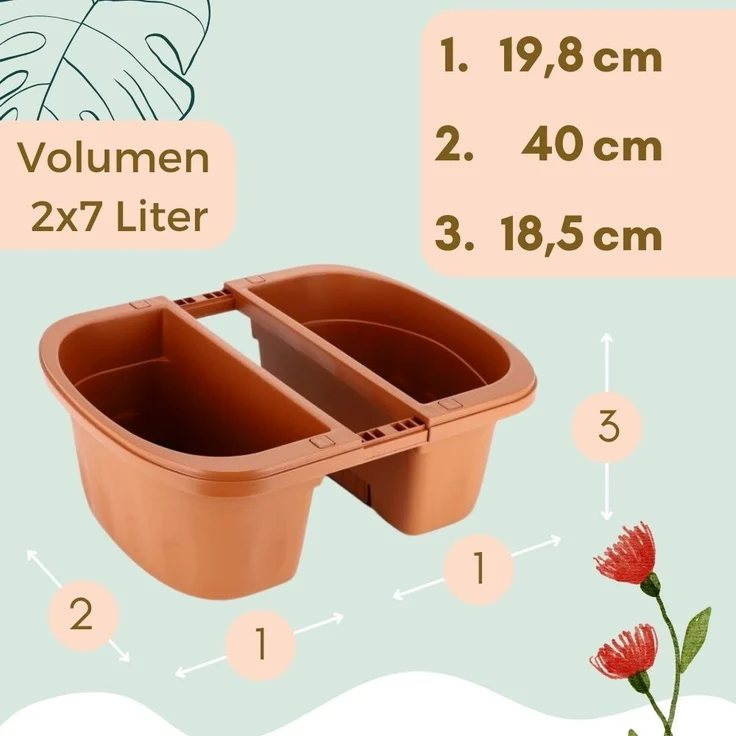 Blumenkasten Balkon Beidseitiger Balkonkasten mit Halterung Blumenkasten mit Wasserspeicher Pflanzkasten für Geländer Geländerkasten ohne Bohren Terracotta 40 cm – Bild 2