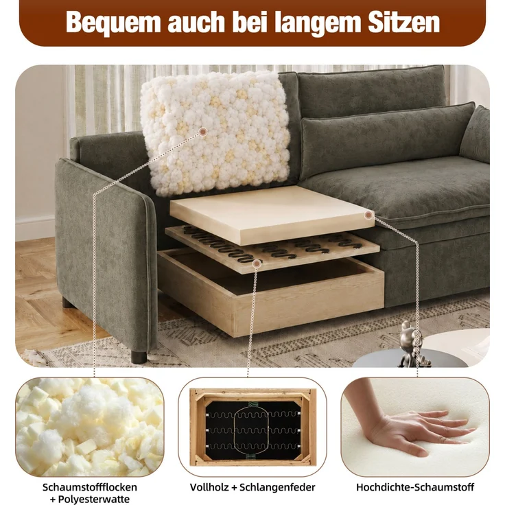 DESVIAE Schlafsofa 3-Sitzer Dunkelgrau aus Chenille – 206x86x91 cm – Bettkasten, verstellbare Rückenlehne – Bild 5