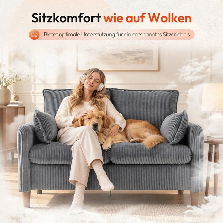 VINGLI Sofa klein 2-Sitzer, 125cm Couch aus Cord, stabiler Konstruktion, vielseitig für Wohnzimmer/Wohnung/Büro – Bild 3