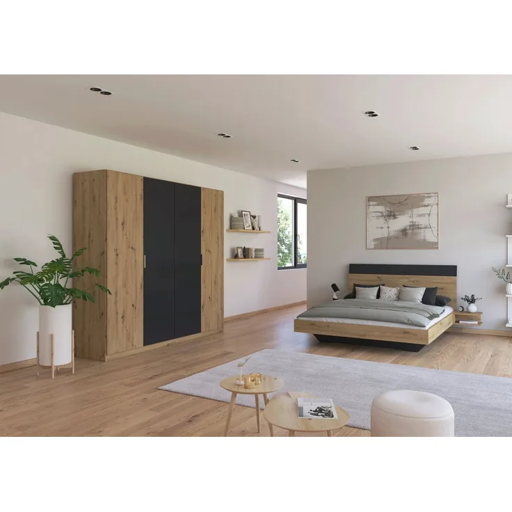 Schlafzimmer Monza Grau mit Drehtürenschrank mit oder ohne Spiegel im Dekor Eiche Artisan und Grau Metallic – in verschiedenen Varianten wählbar - 4 teilig , Kleiderschrank ohne Spiegel + Bett 160x200cm + 2 Nachttisch
