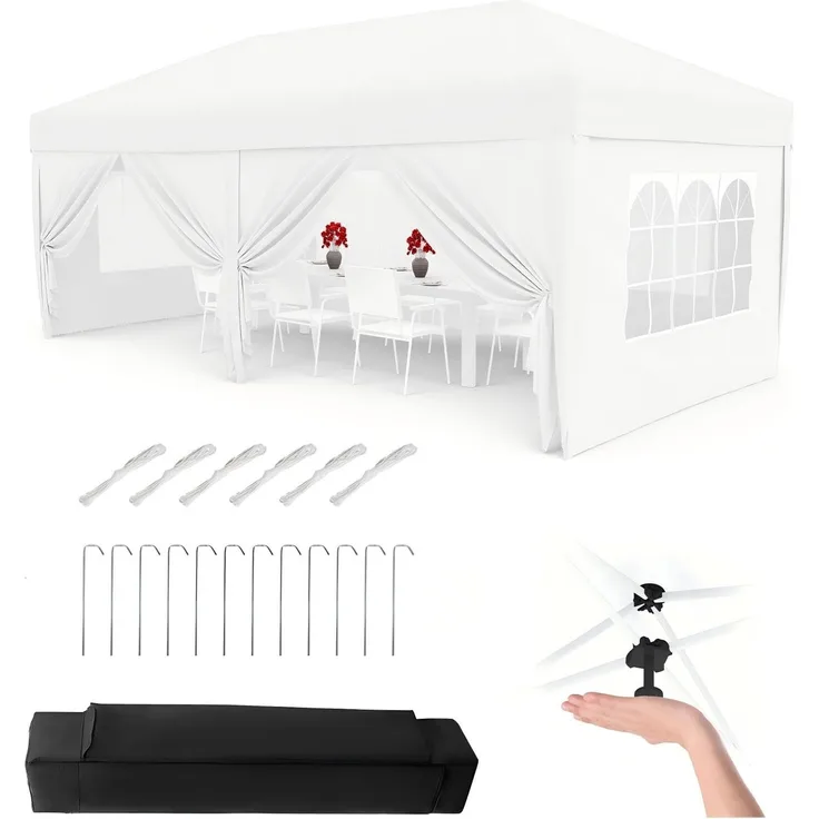 Faltpavillon 3x6 m wasserdicht stabil mit 6 Seitenwänden – Pop up Pavillon faltbar aus 420D Oxford, UV-Schutz 50+, 3-Fach höhenverstellbar, Partyzelt mit Tragetasche für Garten & Outdoor Weiß