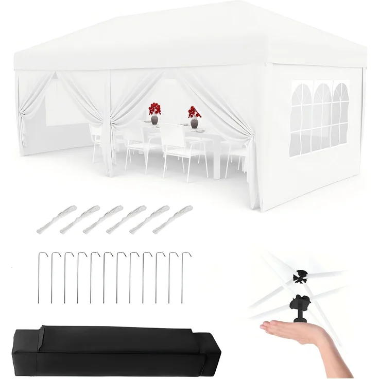 Faltpavillon 3x6 m wasserdicht stabil mit 6 Seitenwänden – Pop up Pavillon faltbar aus 420D Oxford, UV-Schutz 50+, 3-Fach höhenverstellbar, Partyzelt mit Tragetasche für Garten & Outdoor Weiß