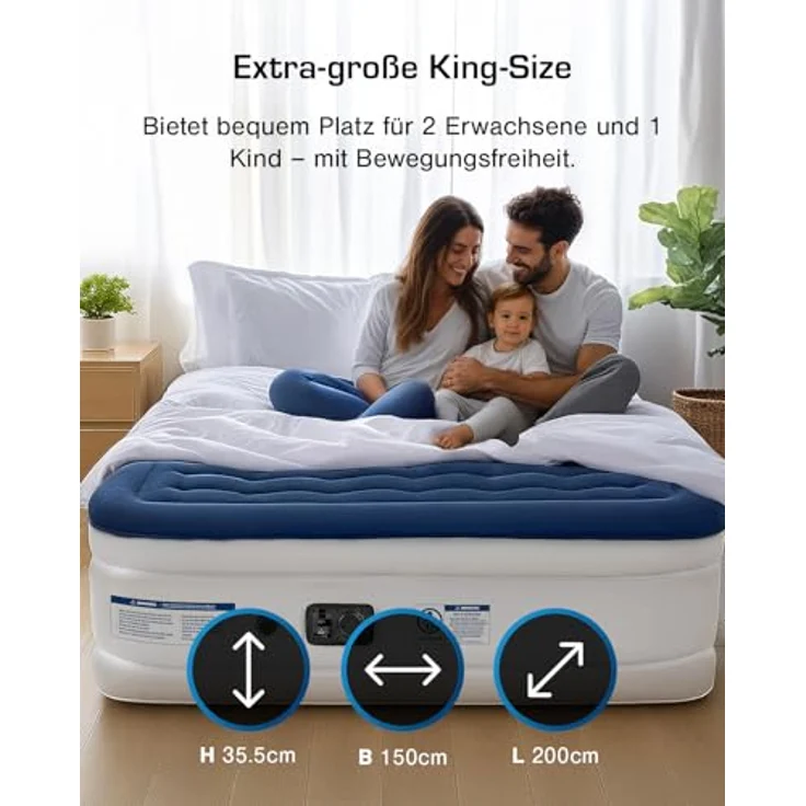 Active Era Luxus Doppel Luftbett – selbstaufblasendes Gästebett mit eingebauter, elektrischer Pumpe, integriertem Kissen und besonderer Luftträger Technologie - 203 x 152 x 56 cm – Bild 6