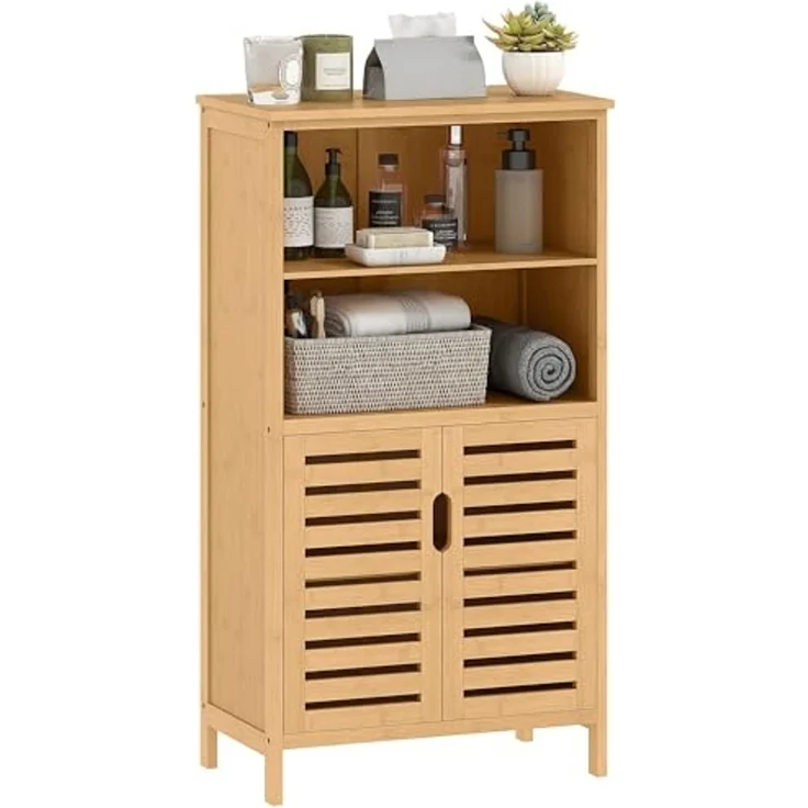 Kleankin Badkommode Unterschrank aus Bambus Lamellentüren (Badschrank, 1 St, Badezimmerschrank), Naturholz, 50 x 29 x 92 cm – Bild 1