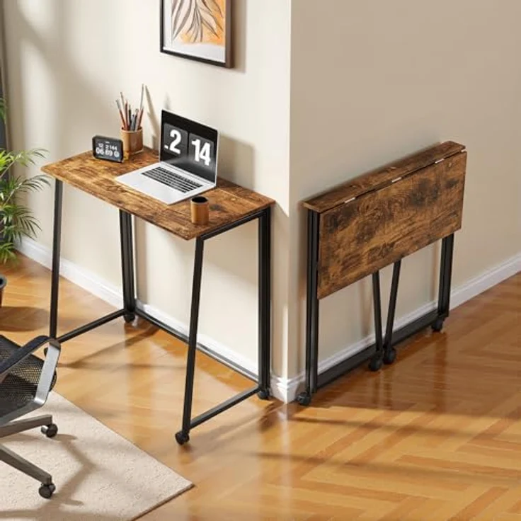 MEUBLE COSY Klapptisch mit Rollen Kleiner Klappbarer Schreibtisch Laptoptisch aus Holz und Metall Computertisch fürs Büro, Wohnzimmer, Home Office, Industrial Style, Braun – Bild 3