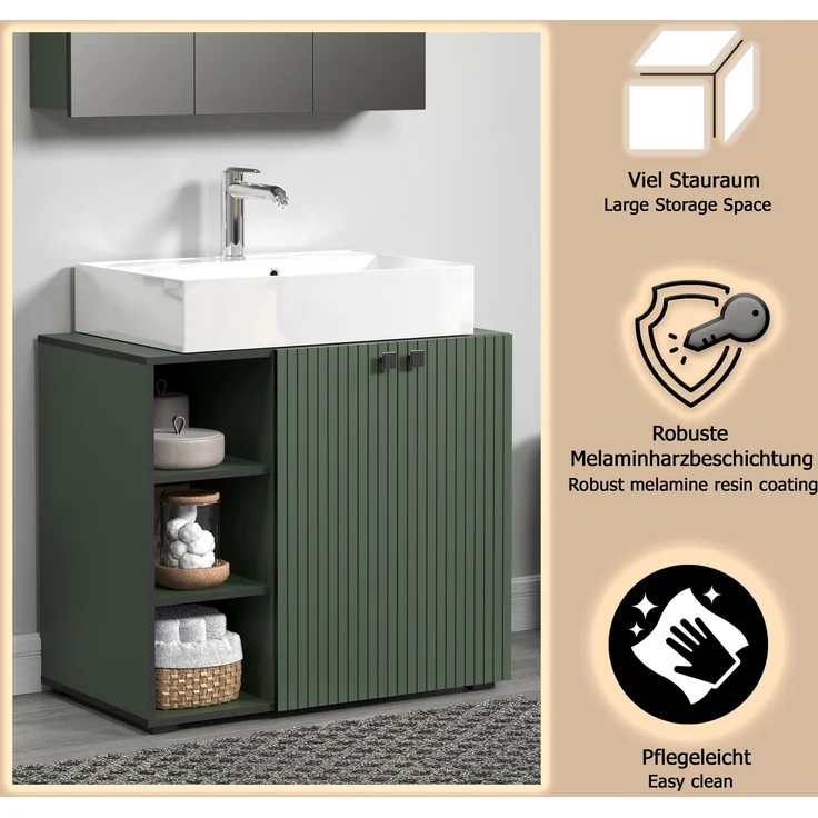 trendteam smart living - PureBliss - Waschbeckenunterschrank - Grün - Rillenoptik - 3 offene Fächer + 1 Einlegeboden + 80cm Aufsatzwaschbecken - (BxHxT) 90 x 91 x 53 cm - edle Metallgriffe – Bild 10