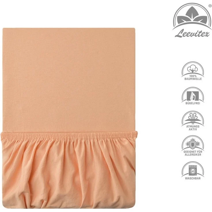 leevitex® Spannbettlaken, Premium 170g/m², Gummizug: rundum, schwer und dick, 100% Jersey-Baumwolle, Leinen / Aprikot, 140 x 200 - 160 x 220 cm – Bild 2