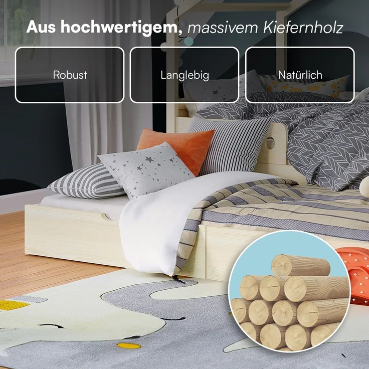 Bellabino 'Bela' Hausbett 90x200 cm mit Gästebett 90x190 cm, natur, Kiefer Massivholz, Montessori Kinderbett mit Ausziehbett, inkl. Rausfallschutz und Lattenrost – Bild 6