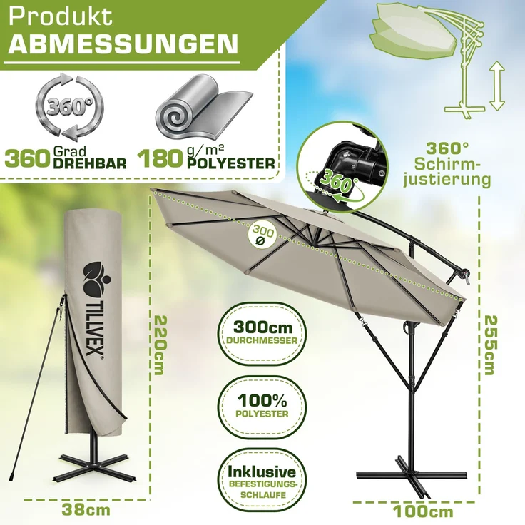 tillvex Sonnenschirm Taupe Ø 300 cm Ampelschirm Gartenschirm Marktschirm Kurbel Balkon Alu Neigbar – Bild 2