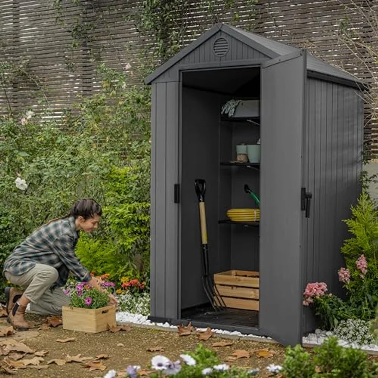 KETER Gartenhaus Darwin 4x4, 2,8 m², aus langlebigem Evotech Kunststoff mit Einzeltür und Belüftung, Gerätehaus, 25 x 184 x 205 cm, grau – Bild 3
