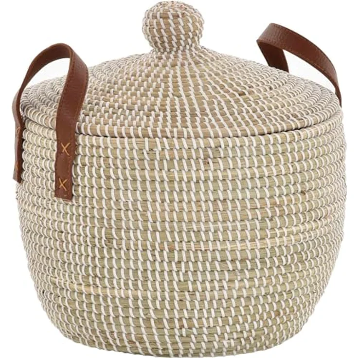 Krines Home Aufbewahrungskorb Set/2 Handgearbeiteter Seegras Dekokorb mit Deckel zur Aufbewahrung (2 St, 2er-Set), Flechtkorb Korb Natur mit weißen Wicklungen Rund Hell Natur – Bild 3