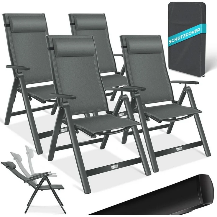 KESSER® Gartenstuhl Hochlehner mit Armlehnen | Aluminium Klappstuhl inkl. Kopfkissen Campingstuhl 7-Fach Verstellbar Rückenlehne | Atmungsaktiv & Wetterfest | Klappbar & Anti-Rutsch Anthrazit, 4 Stück – Bild 1