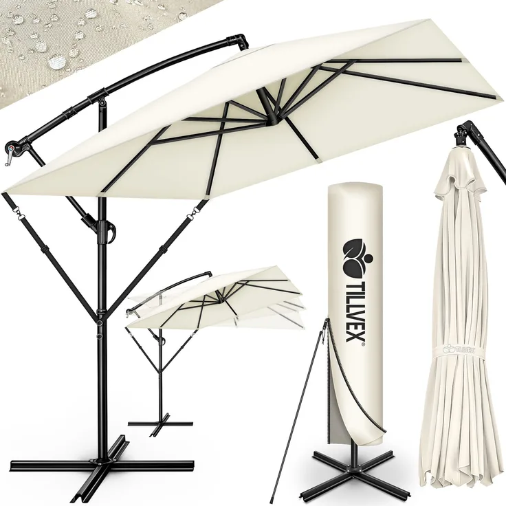 tillvex® Ampelschirm Eckig mit Ständer & Windschutz, Abdeckung mit Kurbel, Aluminium beige, Ø 330 cm