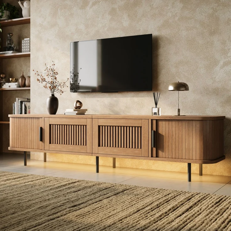 TV-Lowboard 180 x 40 x 44,5 cm aus MDF und PB mit Schiebetüren, Schubladen und LED-Beleuchtung – Bild 2