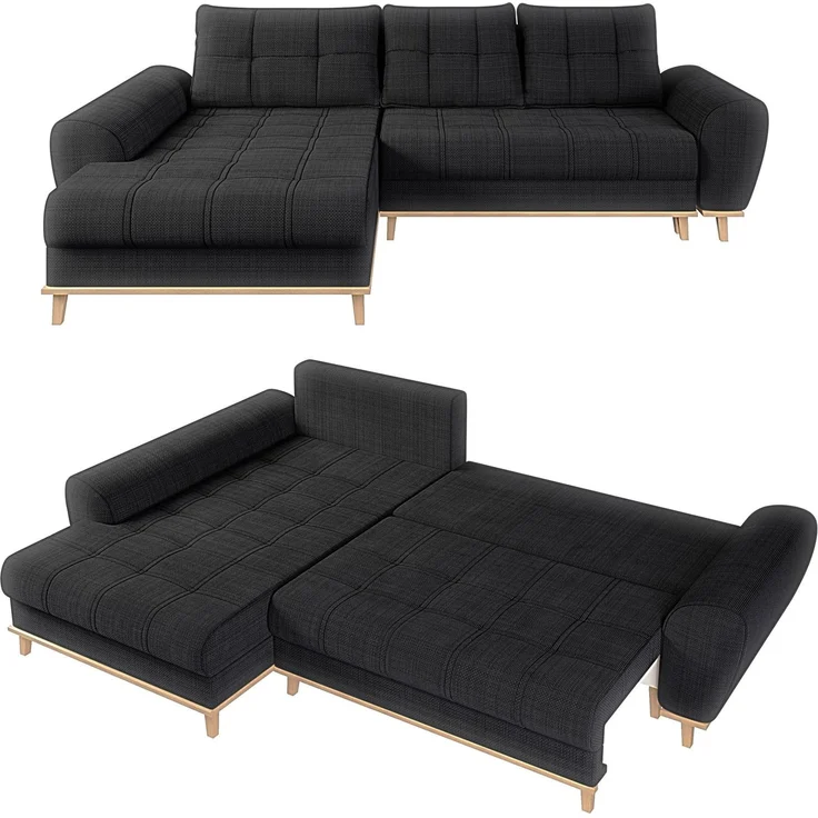 Ecksofa Scandi-Stil Schlafcouch Stauraum Ottomane LI Bouclé Chenille Anthrazit – Bild 1