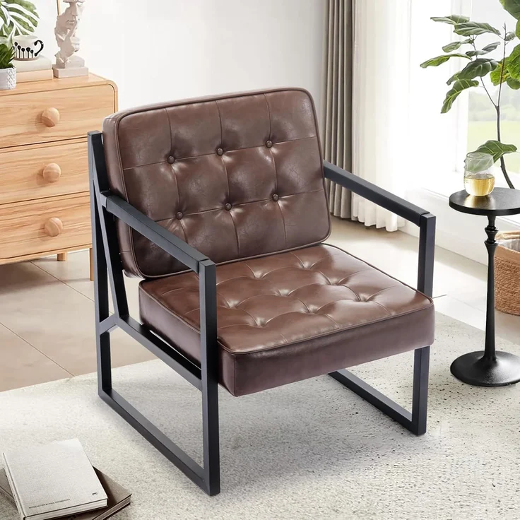 COLAMY Mid Century Modern ohrensessel, Bequeme Lounge Sessel, Brauner Leder Accent Chair, Kunstleder Empfangssessel mit Metallbeinen für Wohnzimmer Schlafzimmer Empfangsraum Wartezimmer, Braun