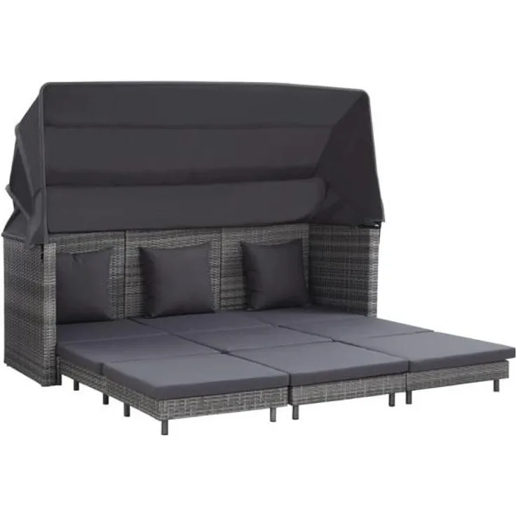 vidaXL Ausziehbares 3-Sitzer-Schlafsofa mit Dach Poly Rattan Grau 46077