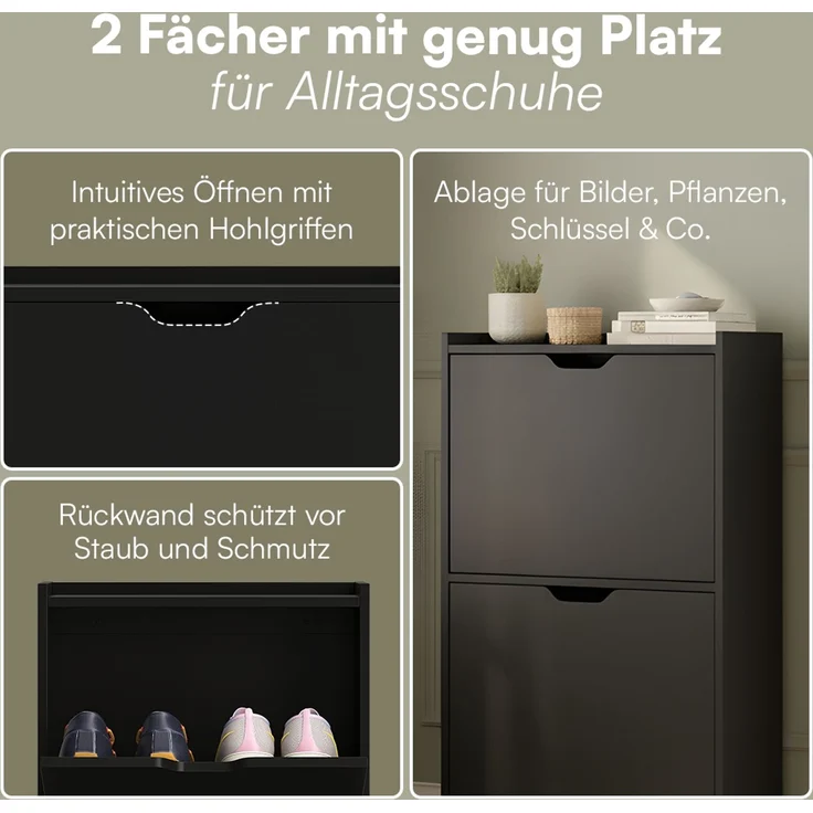 Bellamio 'Ceyhan' Schuhschrank mit 2 Klappen, schmales Schuhregal, schwarz, 50x19x90 cm, Schuhkipper für 4 paar Schuhe – Bild 3