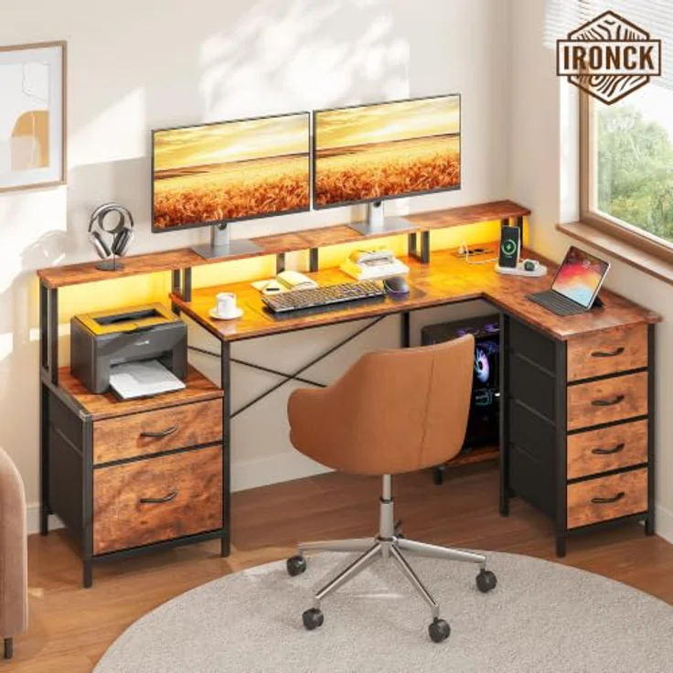 IRONCK Schreibtisch L Form Gaming Tisch mit LED & Steckdosen 2AC+1USB+1C, 189x100cm Eckschreibtisch mit 6 Schubladen&Monitorständer, Reversible Computertisch mit Stauraum für Home Office Vintagebraun – Bild 2
