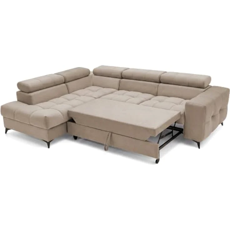 Muffo Ecksofa PUDDING L Links, Velours Beige mit Schlaffunktion 125x195 cm, verstellbaren Kopfstützen und Bettkasten – Bild 5