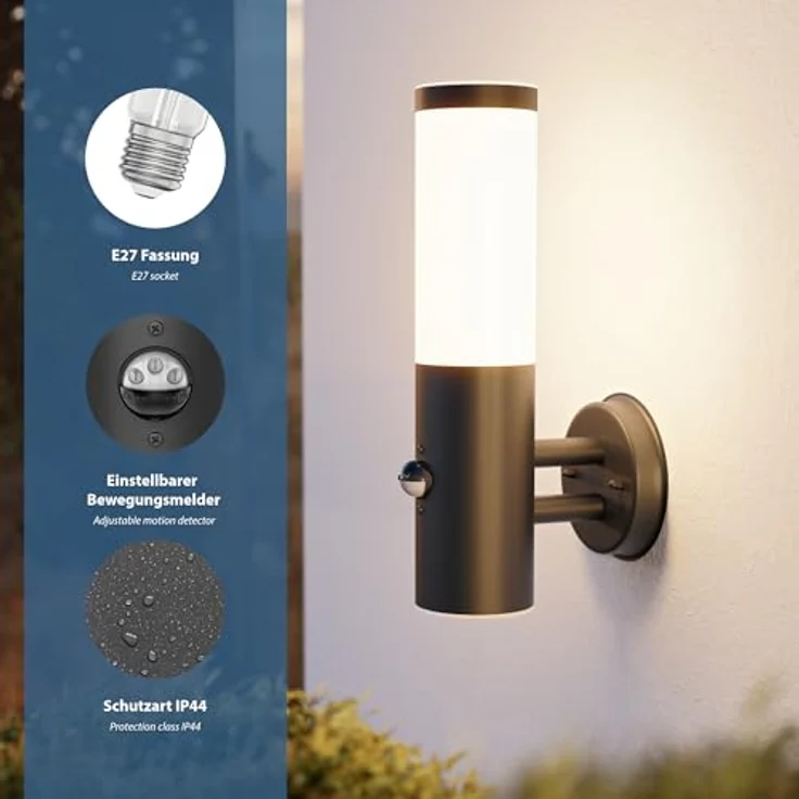 ledscom.de Wandleuchte PORU, Außenleuchte IP44 mit Bewegungsmelder, Edelstahl anthrazit matt, rund, 1x E27 max. 15W – Bild 4