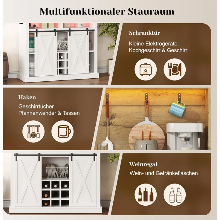 191 cm Küchenschrank, Hochschrank mit LED, Küchenregal mit Steckdose, Haken, Weinregal und Vitrine für Küche & Esszimmer--Natur + Weiß--110x40x191cm--YOUDENOVA – Bild 9