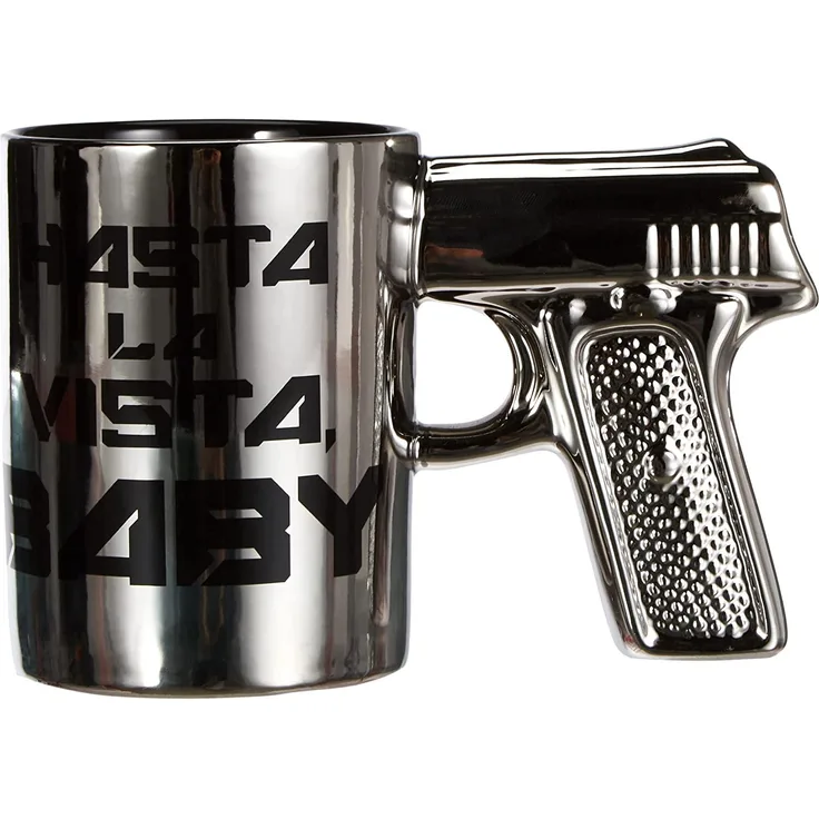 Out of the blue 78 8107 Steingut Becher mit Pistolengriff, Hasta la vista baby, circa 16x10 cm, silber