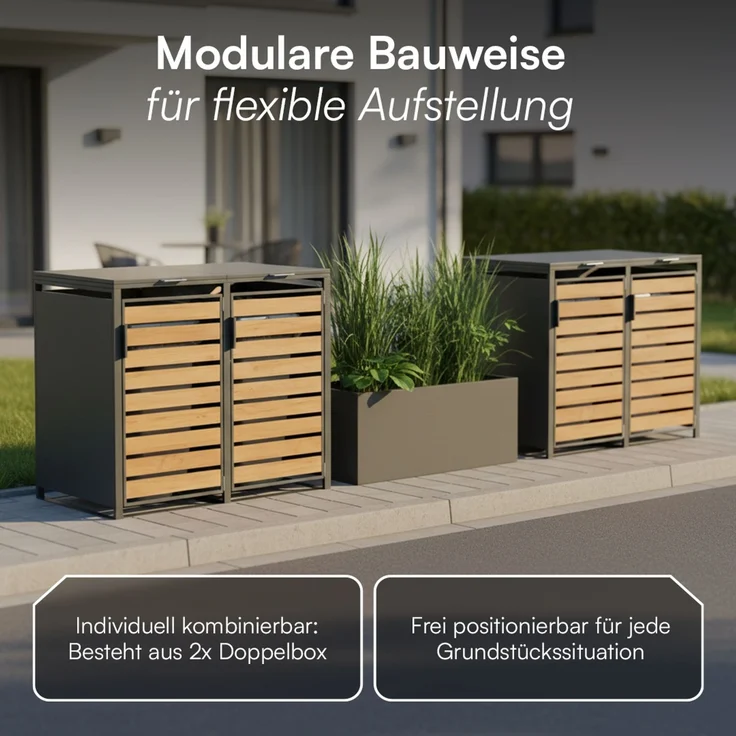 STEELSØN 'Kestra' Mülltonnenbox 4er je 240 Liter, anthrazit mit Holzoptik, Mülltonnenverkleidung aus Stahl, wetterfest, 116x80x268 cm, Müllbox für 4 Tonnen – Bild 7