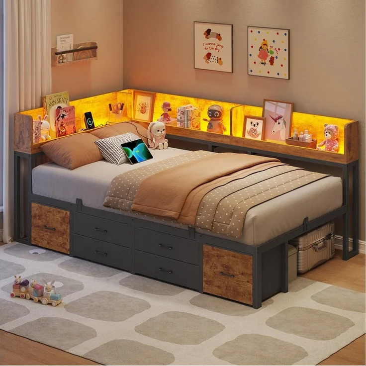 MSMASK Daybett Schlafsofa mit LED-Beleuchtung & Ladestation, Jugendbett Kinderbett, mit Integriertem Bücherregal & 6 Schubladen, 90x200cm – Bild 2