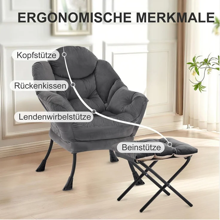 Sessel Lazy Chair Ottomane Ohrensessel Hocker Dunkelgrau – Bild 5