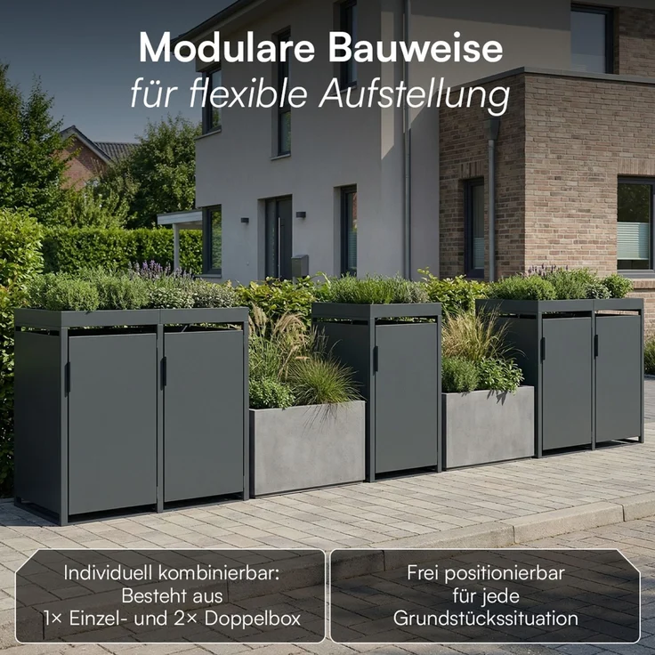 STEELSØN 'Thoria' Mülltonnenbox 5er je 120 Liter, anthrazit, Mülltonnenverkleidung aus Stahl, wetterfest, 111x62x294,5 cm, Müllbox mit Pflanzendach für 5 Tonnen – Bild 8