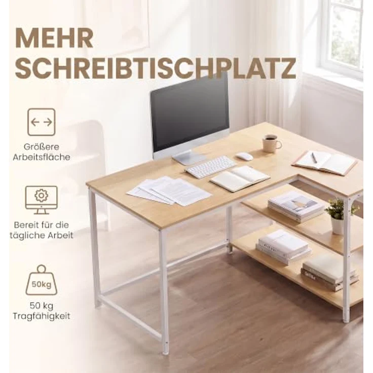 VASAGLE Eckschreibtisch in L-Form, Computertisch, 110 x 80 cm | mit Stauraum, höhenverstellbare Ablage, 2 AC-Steckdosen und 2 USB-Anschlüssen, Natürliche Eiche, BARNET Kollektion LWD135Y101 – Bild 7