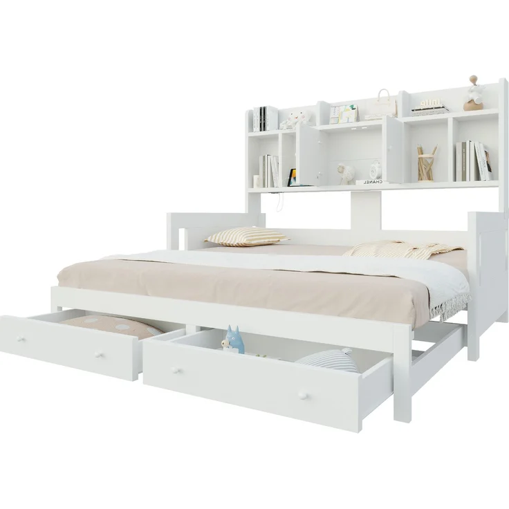 EINHOM Multifunktionales Ausziehbares Schlafsofa Aus Holz Mit Schubladen, Ablageflächen, Schränken und offenen Fächern, Ausgestattet Mit Steckdosen und LED-Beleuchtung, Gästebett, Weiß (Ohne Matratze) – Bild 6
